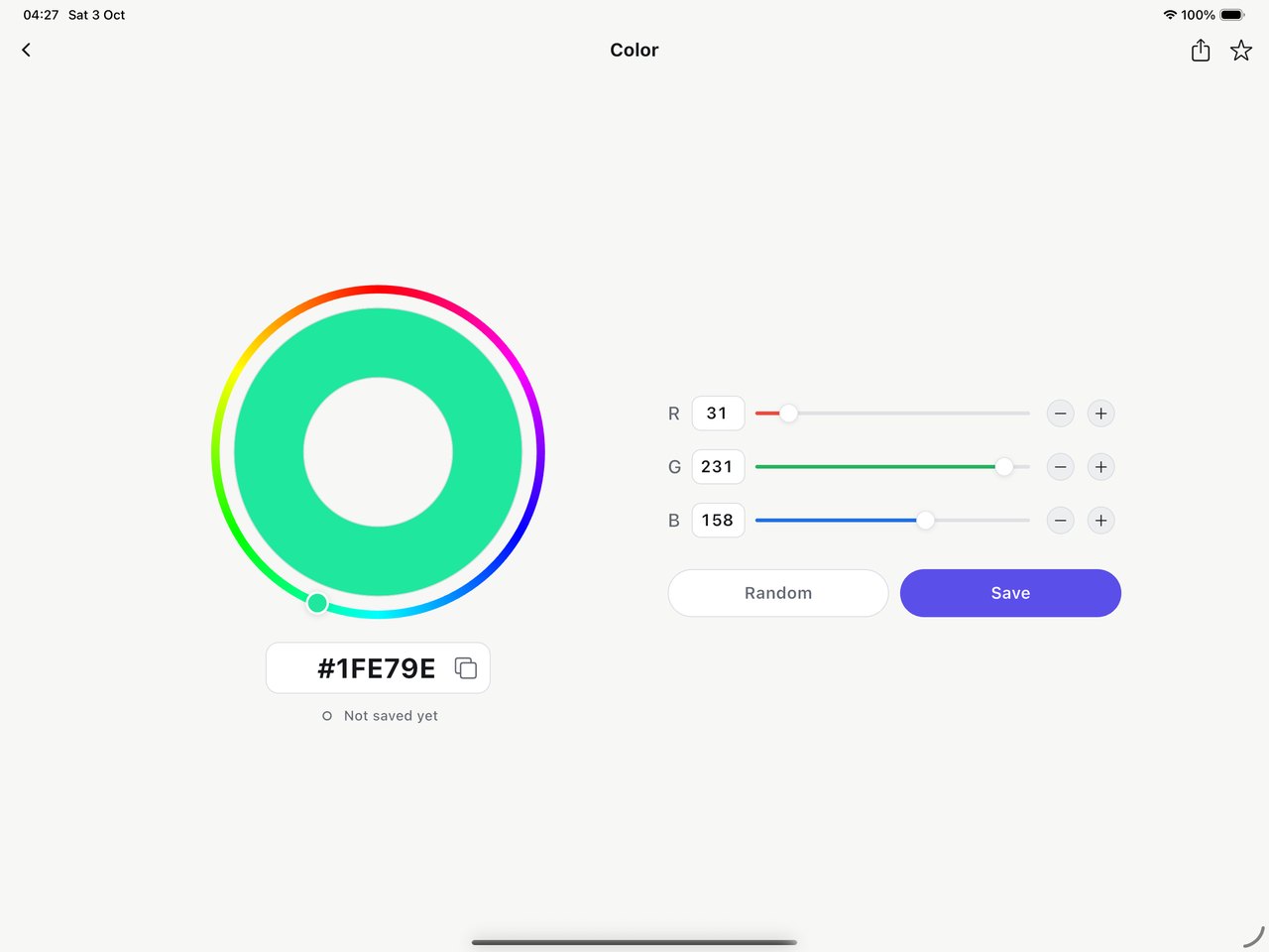 Hex Color Codes on iPad — the same color editor in the tablet layout, with the hue ring on the left and the sliders on the right