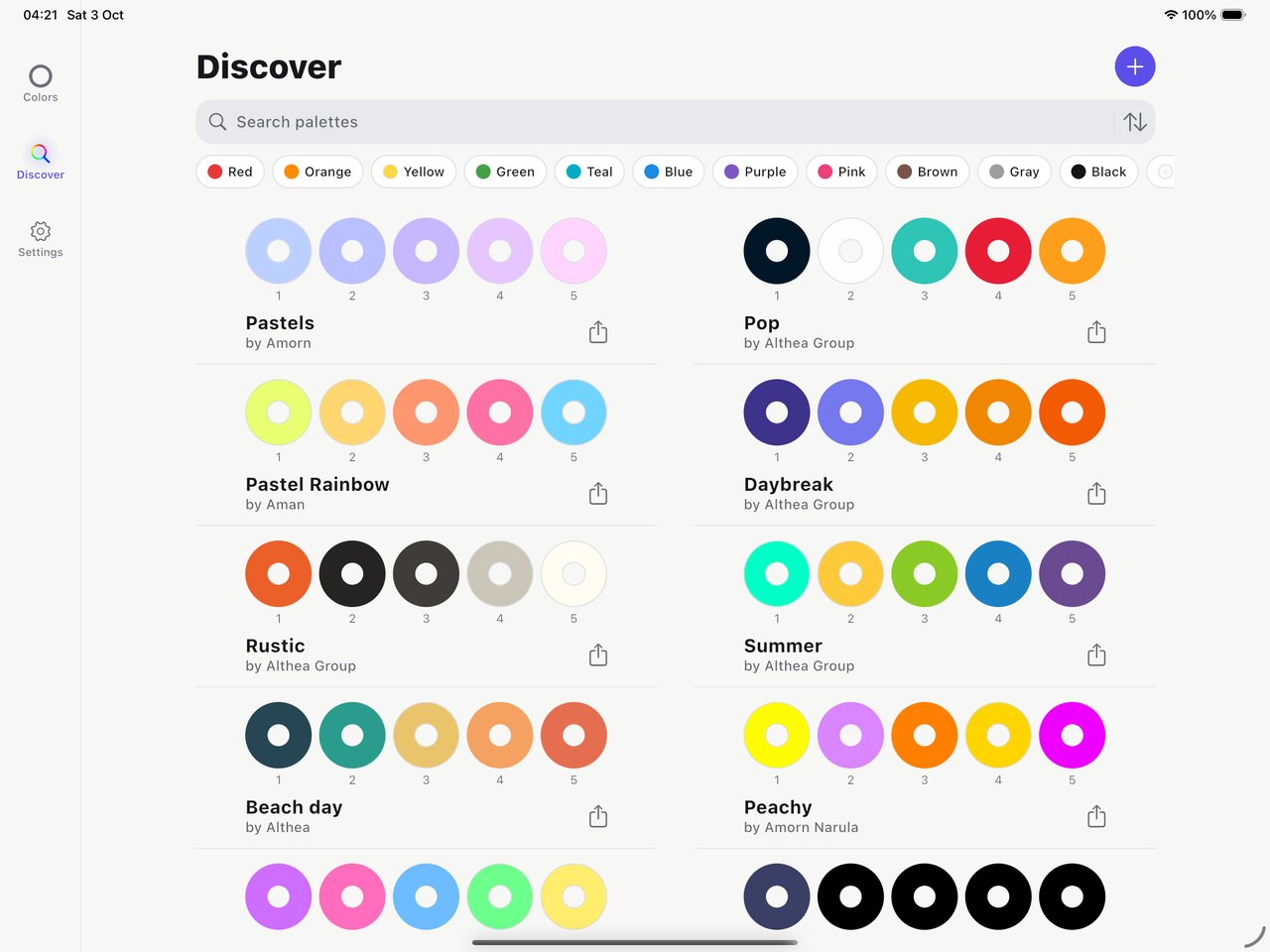 Hex Color Codes on iPad — Discover in its two-column tablet layout, with a sidebar, search field, color filters and community palettes
