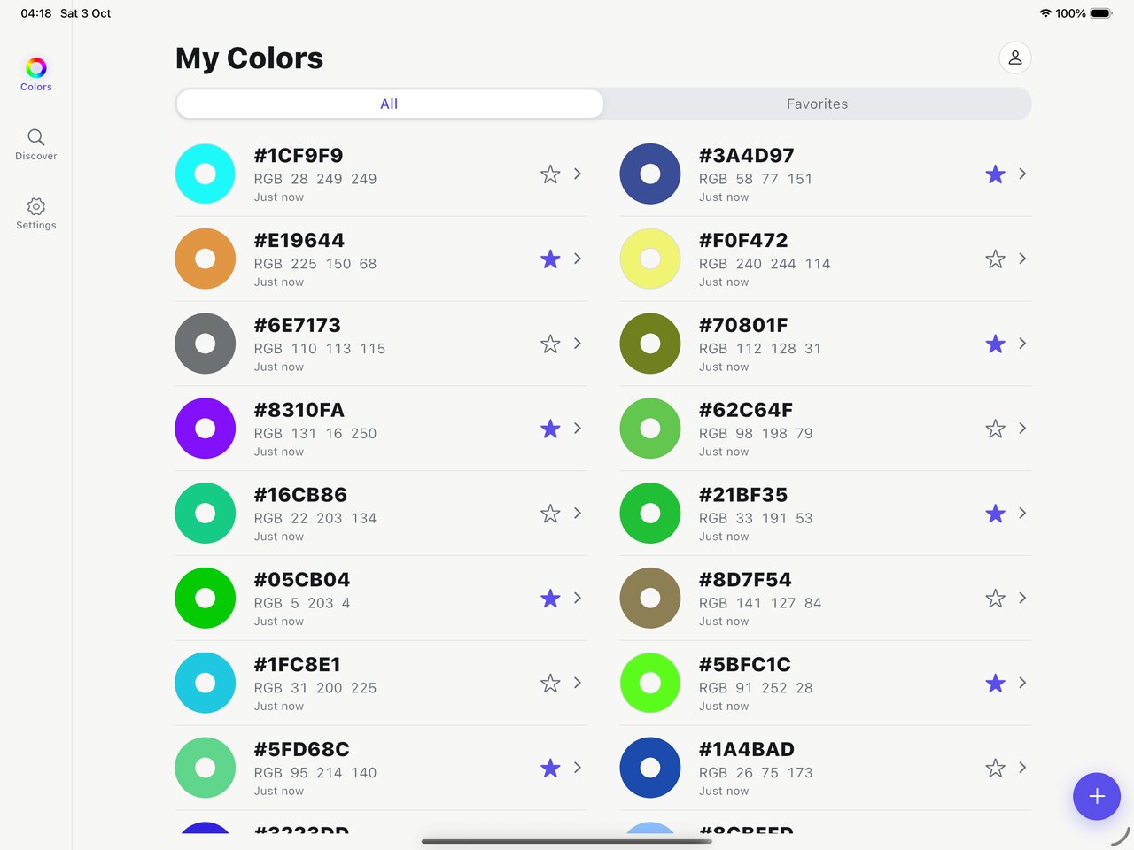 Hex Color Codes on iPad — My Colors in the tablet layout, with sidebar navigation and a two-column list of saved colors