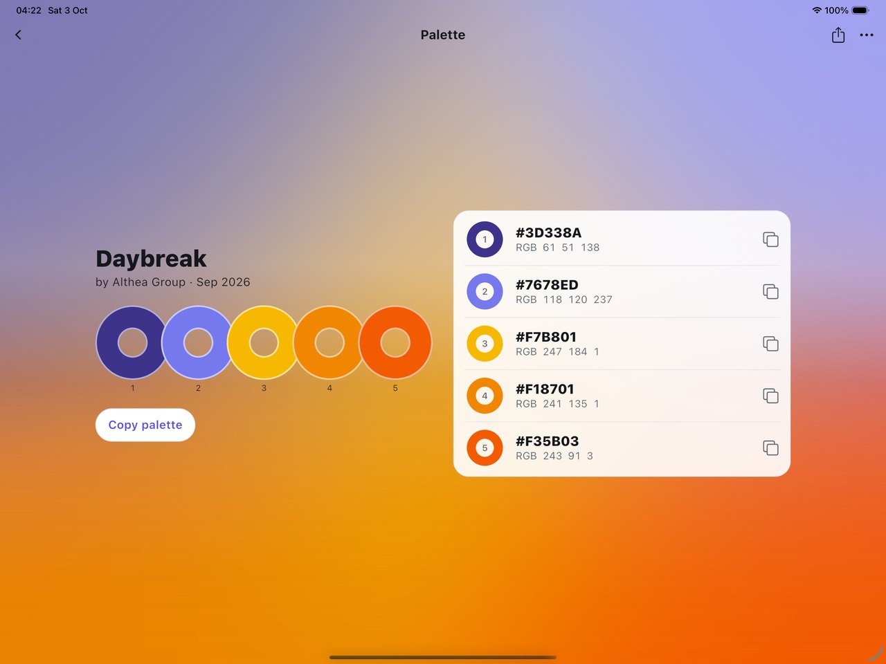 Hex Color Codes on iPad — the Daybreak palette in landscape: a full-screen gradient drawn from the palette’s colors, five numbered rings, and a list of exact HEX and RGB values with a Copy palette button