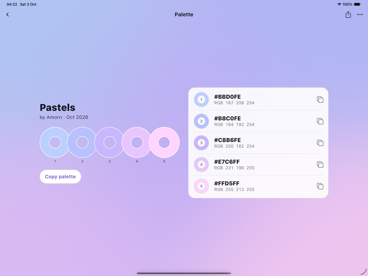 Hex Color Codes on iPad — the Pastels palette with a soft blue-to-pink gradient and exact HEX and RGB values