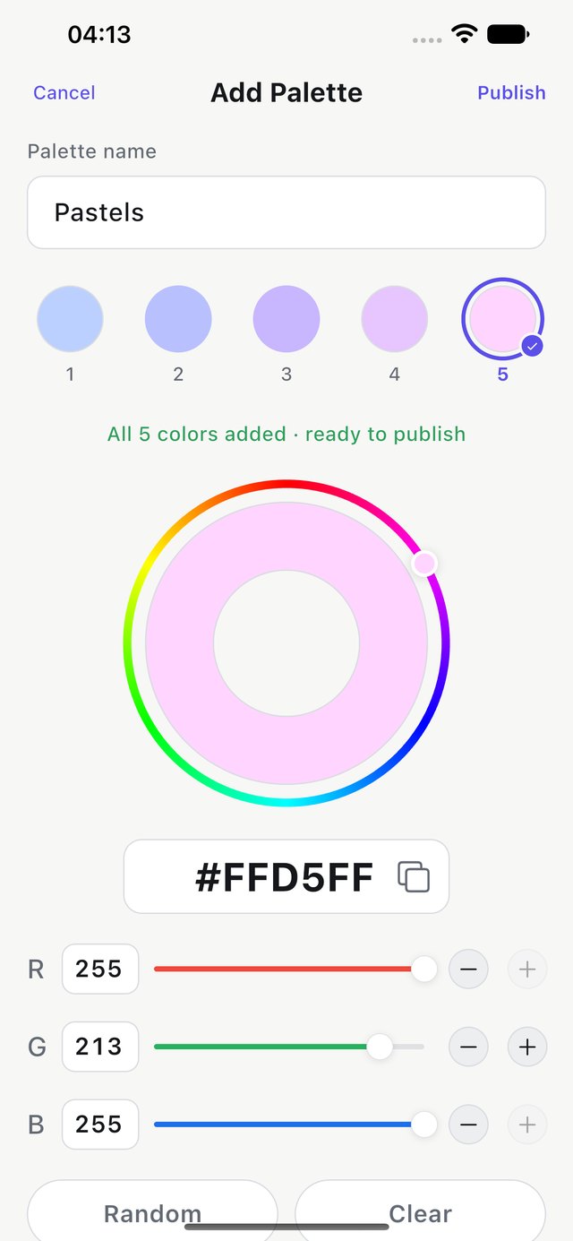 Hex Color Codes on iPhone — Add Palette: a palette named Pastels with five colors chosen in the hue-ring editor, ready to publish