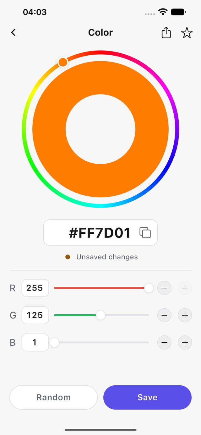 Hex Color Codes on iPhone — the color editor: an orange color inside a rainbow hue ring, HEX #FF7D01, red, green and blue sliders, and Random and Save buttons