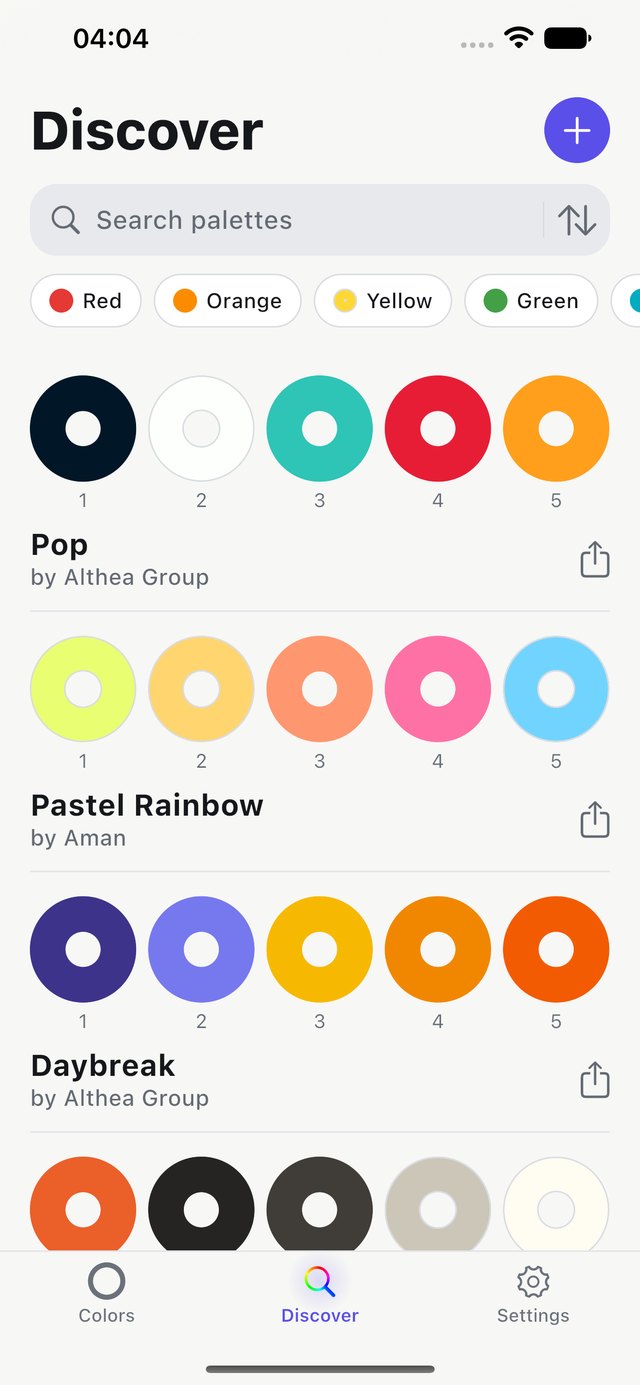 Hex Color Codes on iPhone — Discover in light appearance: a search field, color filter chips and a list of five-color community palettes