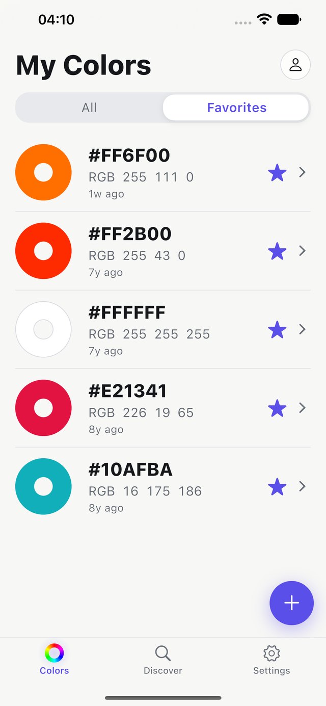 Hex Color Codes on iPhone — the Favorites tab of My Colors, showing five starred colors