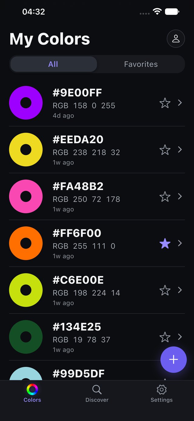 Hex Color Codes on iPhone — My Colors in dark appearance: the same list of saved colors on a dark background