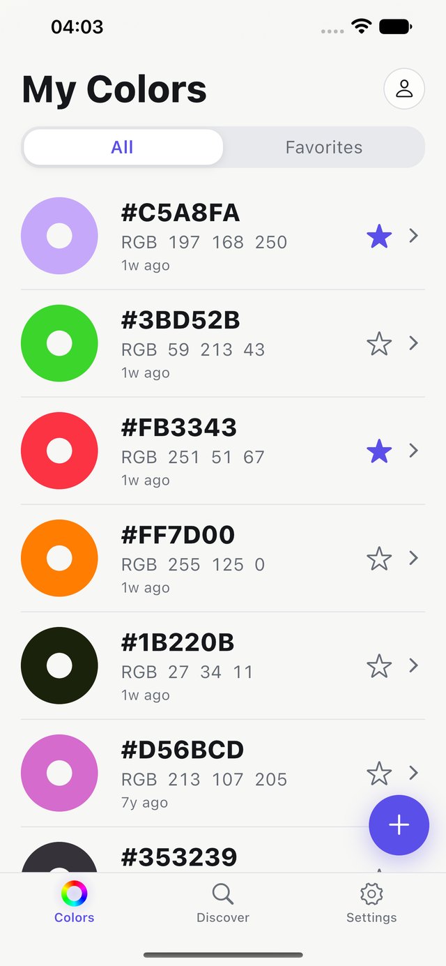 Hex Color Codes on iPhone — My Colors in light appearance: saved colors shown as rings, each with HEX and RGB values and a favorite star