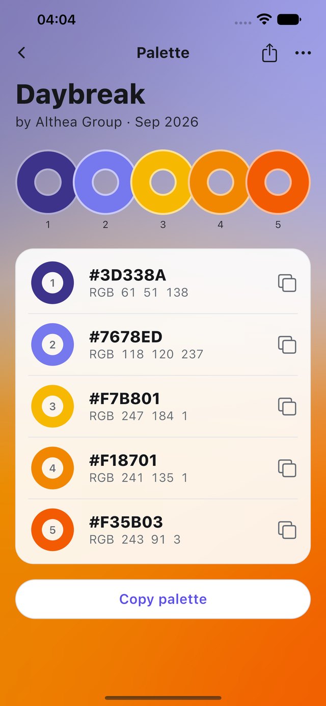 Hex Color Codes on iPhone — the Daybreak palette: five numbered color rings over a violet-to-orange gradient, with exact HEX and RGB values and a Copy palette button