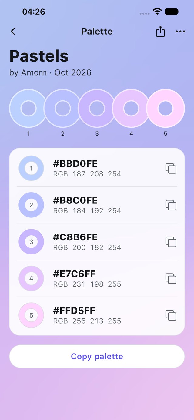 Hex Color Codes on iPhone — the finished Pastels palette: five soft blue-to-pink rings with HEX and RGB values on a matching pastel gradient