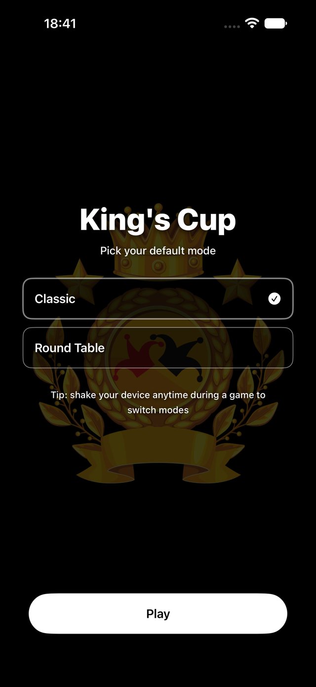 หน้าจอเริ่มต้นแอป King's Cup — เลือกโหมด Classic หรือ Round Table