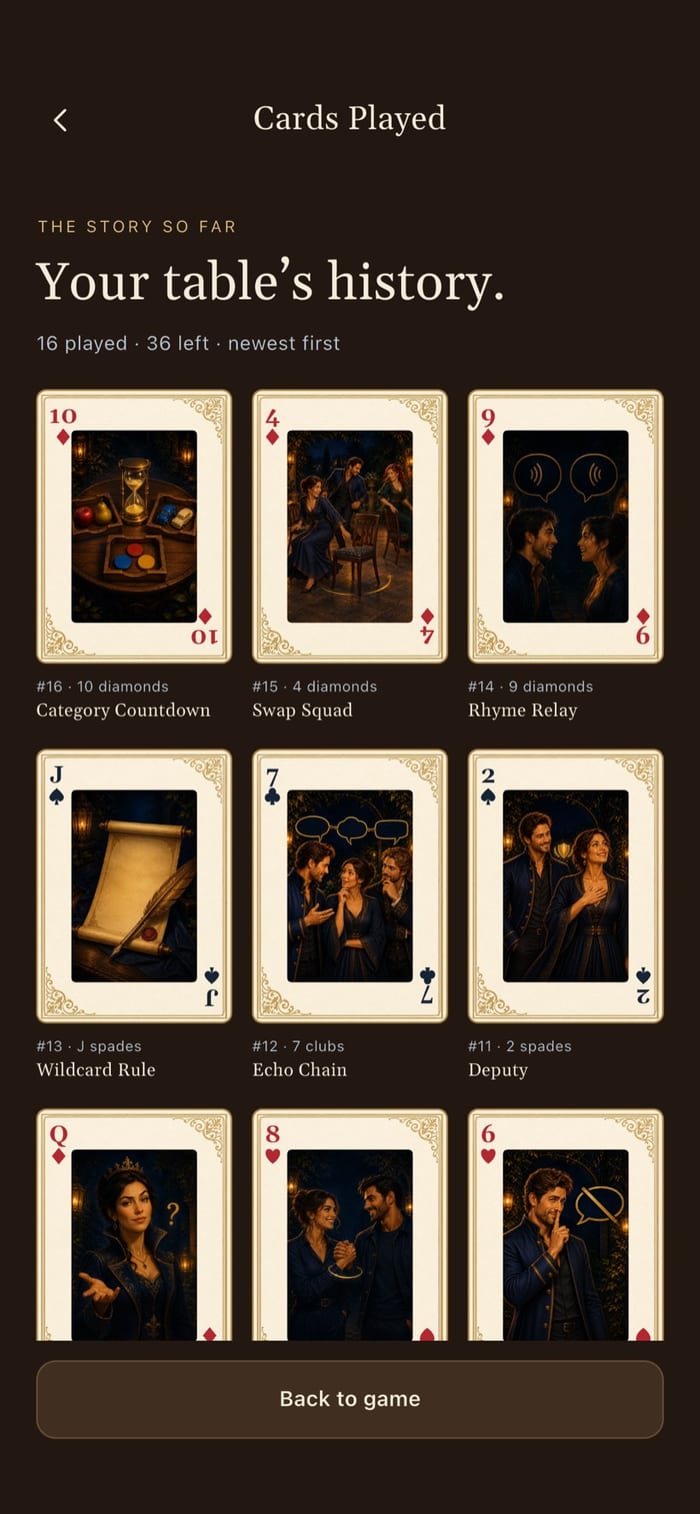 Cards Played history screen