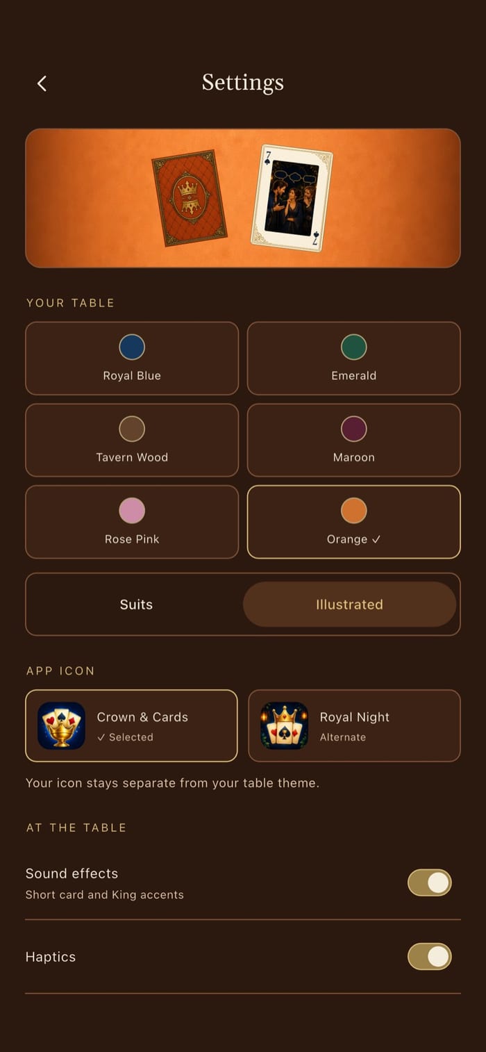 Settings with six themes and card styles
