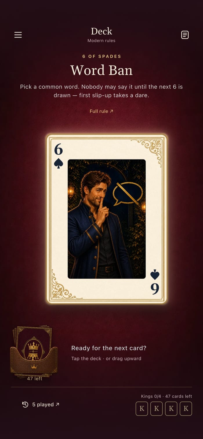King's Cup — Word Ban card from the Modern rule set with illustrated artwork
